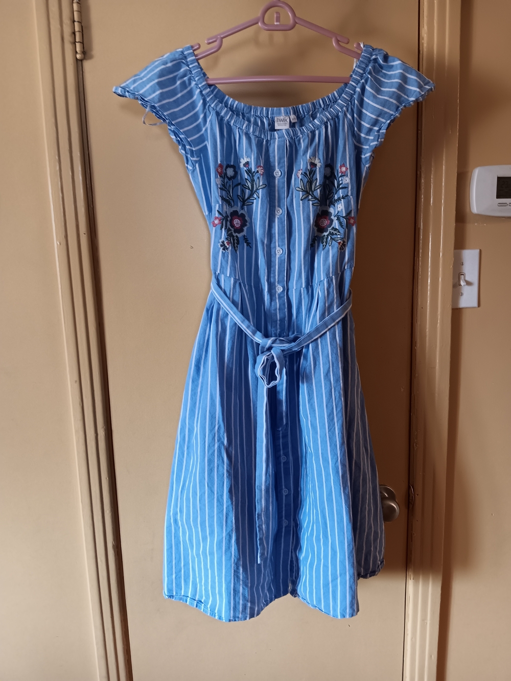 Twik Blue and White Striped Off-Shoulder Top with Elastic Neckline